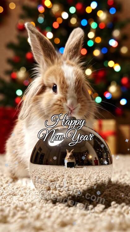 Happy New Year: a fluffy baby rabbit with long ears watches fireworks in an ornament