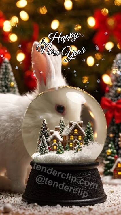 Happy New Year: a fluffy baby rabbit with long ears wakes a snow globe