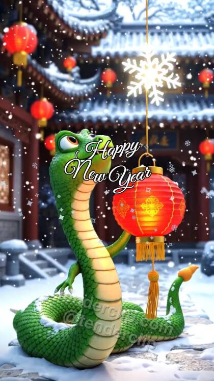 Happy New Year: a cute little green snake with expressive eyes catches snow with a lantern