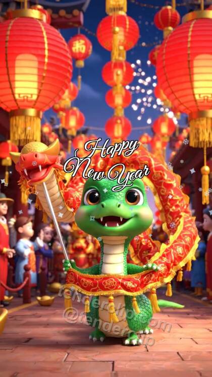Happy New Year: a cute little green snake with expressive eyes leads a tiny parade