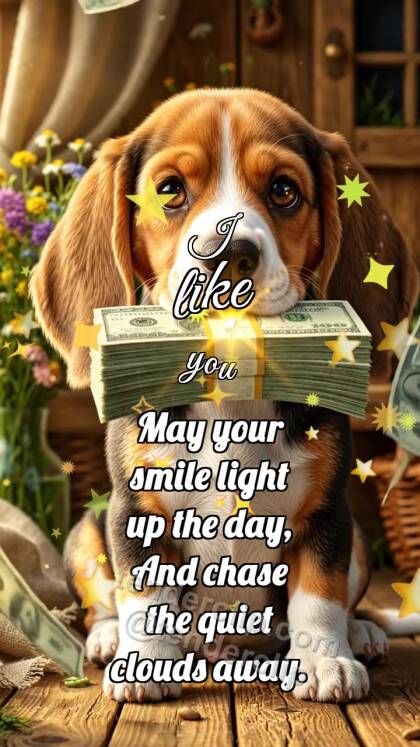 I like you: Puppy Holds Cash