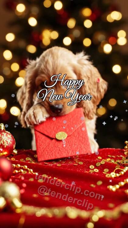 Happy New Year: a joyful puppy with floppy ears delivers a red envelope