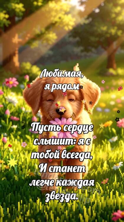 Любимая, я рядом: Щенок несёт цветок