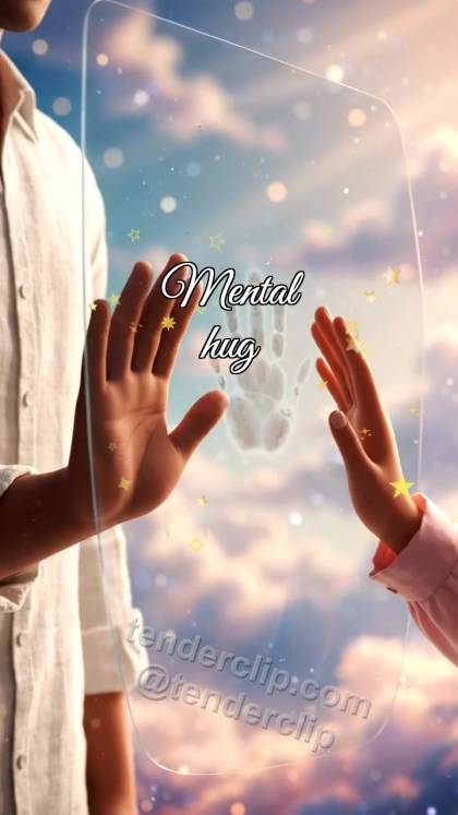 Mental hug: palms meet through glass