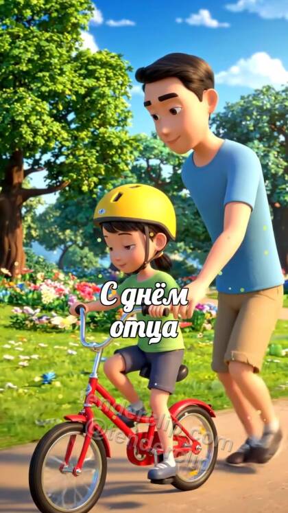 С днём отца: папа поддерживает ребёнка на велосипеде