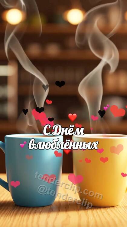 С Днём влюблённых: две чашки образуют сердечный пар