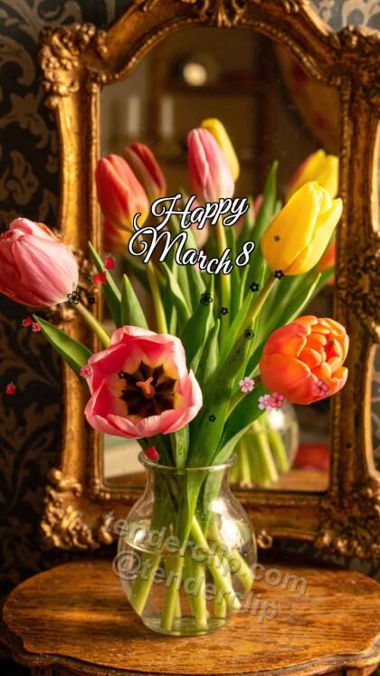 Happy March 8: tulips open in front of a mirror