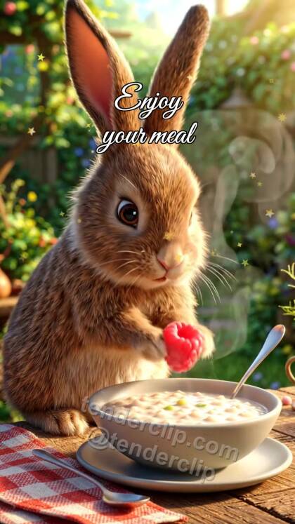 Enjoy your meal: bunny brings berry to porridge