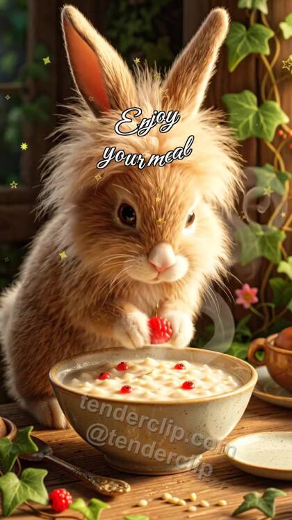 Enjoy your meal: bunny brings berry to porridge