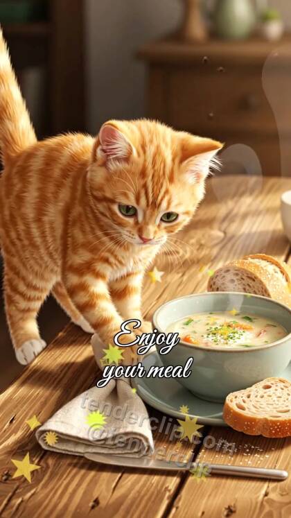 Enjoy your meal: kitten places bread near plate