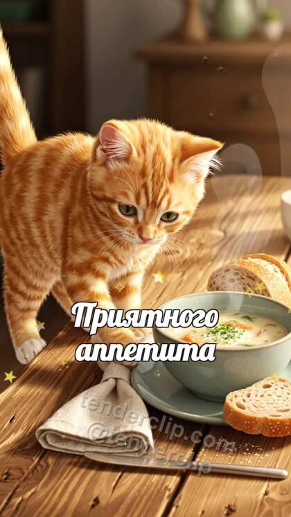 Приятного аппетита: котёнок ставит хлеб к тарелке