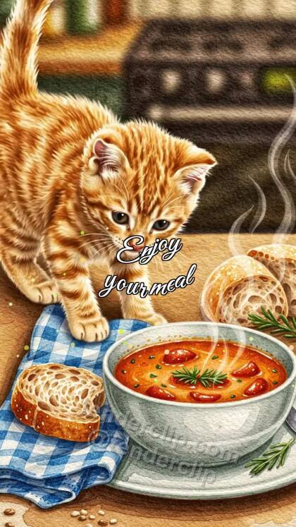 Enjoy your meal: kitten places bread near plate