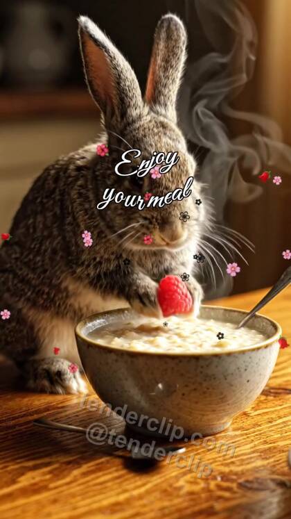 Enjoy your meal: bunny brings berry to porridge