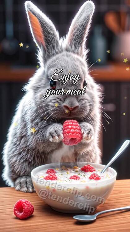 Enjoy your meal: bunny brings berry to porridge