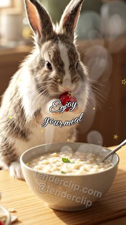 Enjoy your meal: bunny brings berry to porridge