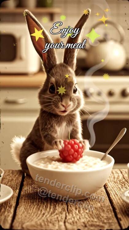 Enjoy your meal: bunny brings berry to porridge