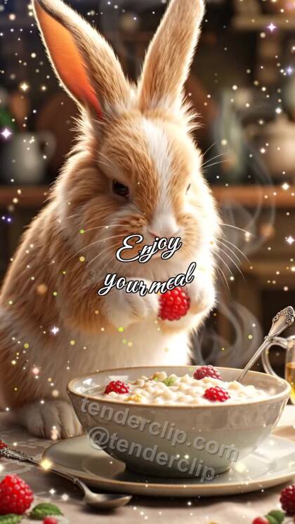 Enjoy your meal: bunny brings berry to porridge