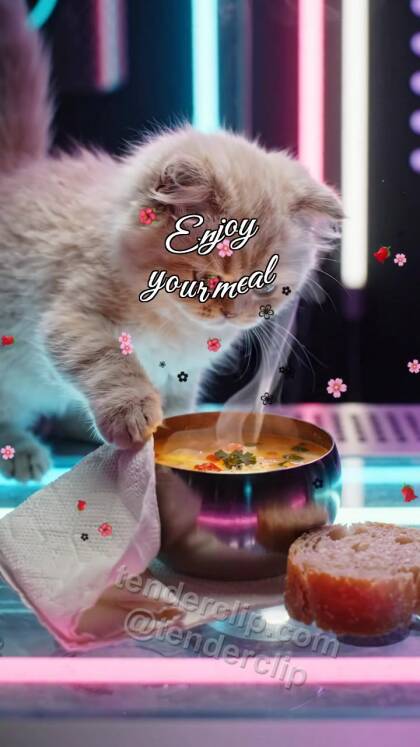 Enjoy your meal: kitten places bread near plate