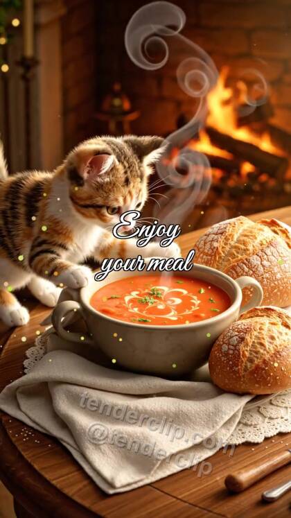 Enjoy your meal: kitten places bread near plate