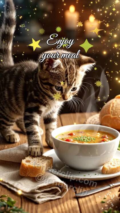 Enjoy your meal: kitten places bread near plate
