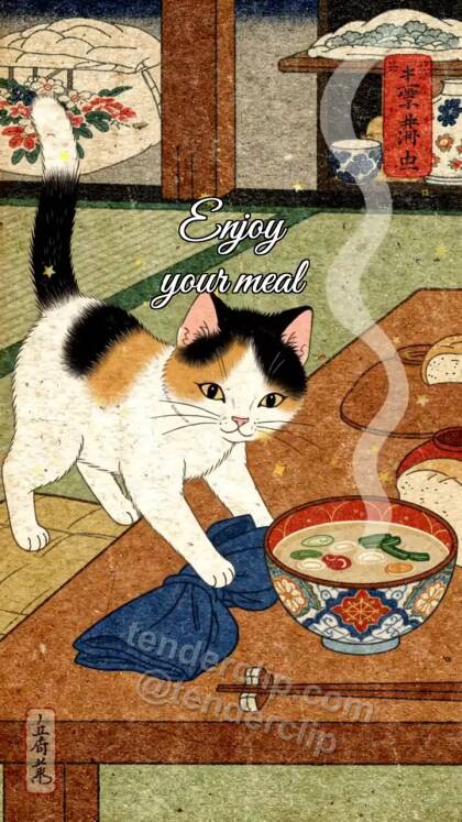 Enjoy your meal: kitten places bread near plate