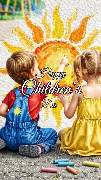 Happy Children’s Day: children draw a chalk sun