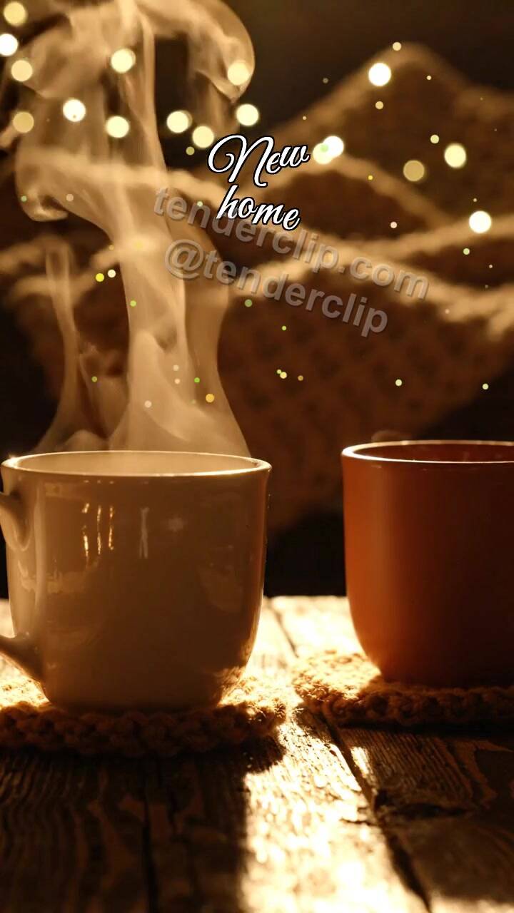 Animated greeting card about New home: two cups move closer