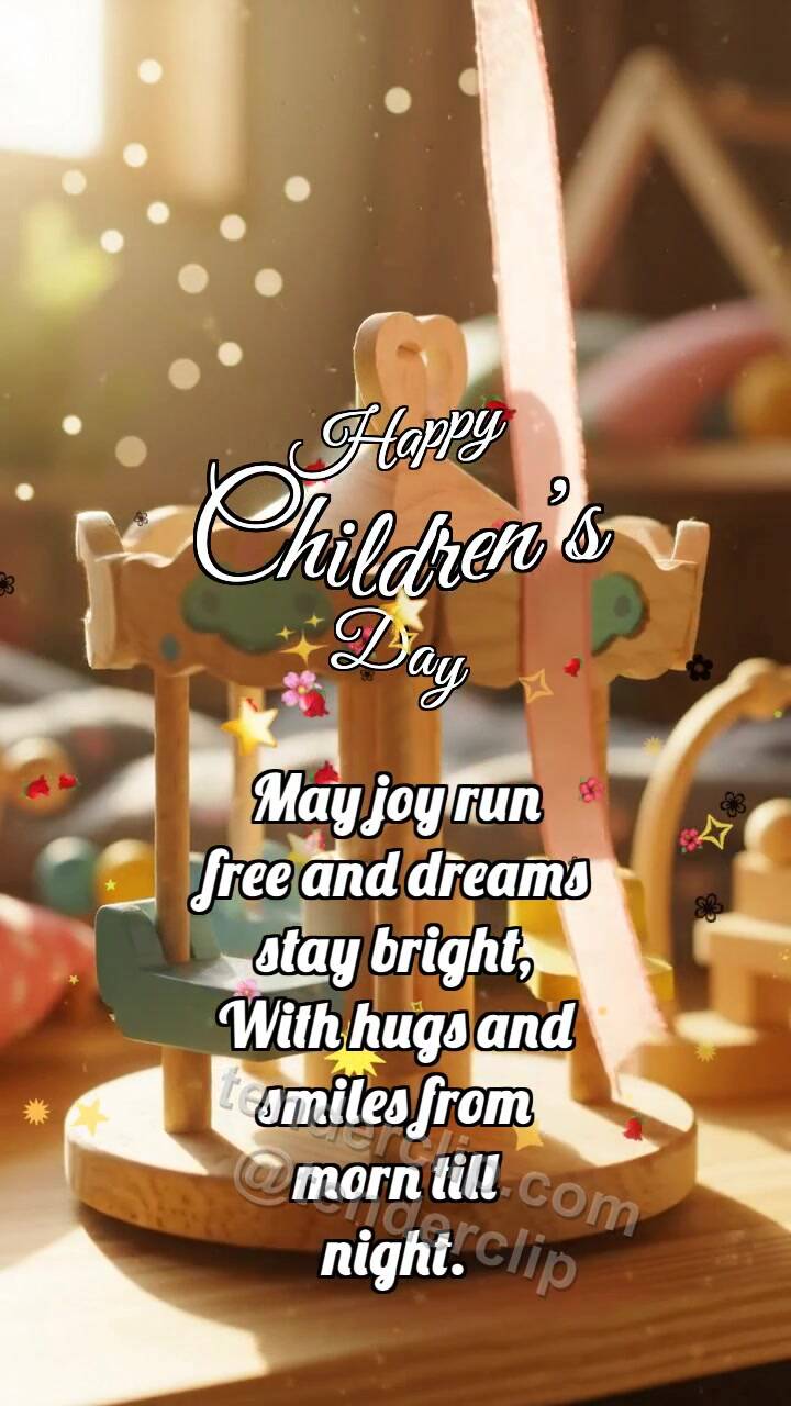 Animated greeting card about Happy Children’s Day: Carousel Catches Ribbon