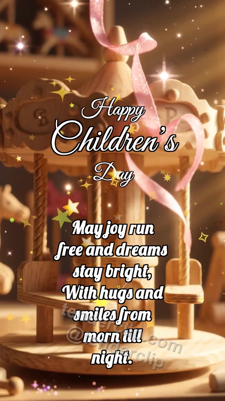 Animated greeting card about Happy Children’s Day: Carousel Catches Ribbon