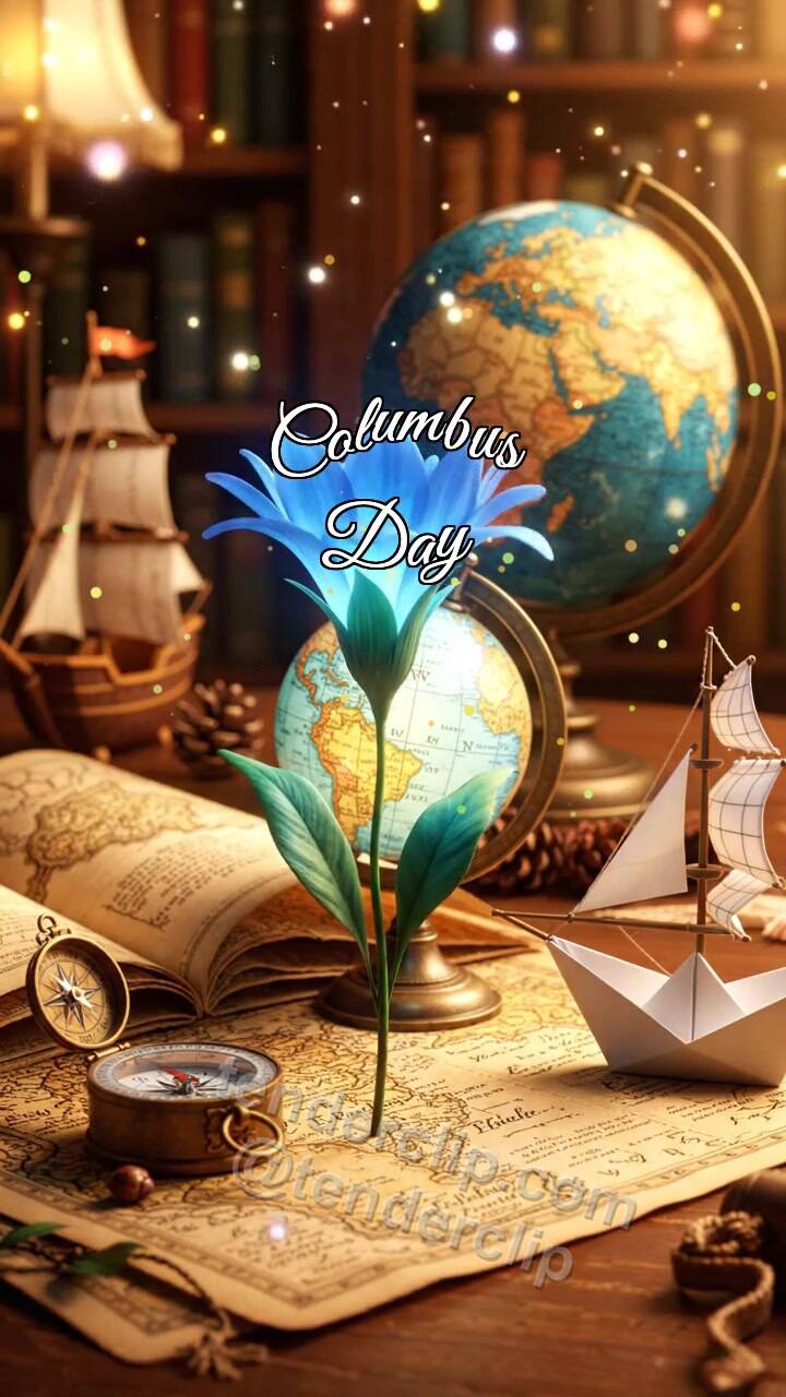 Animated greeting card about Columbus Day: flower is offered forward
