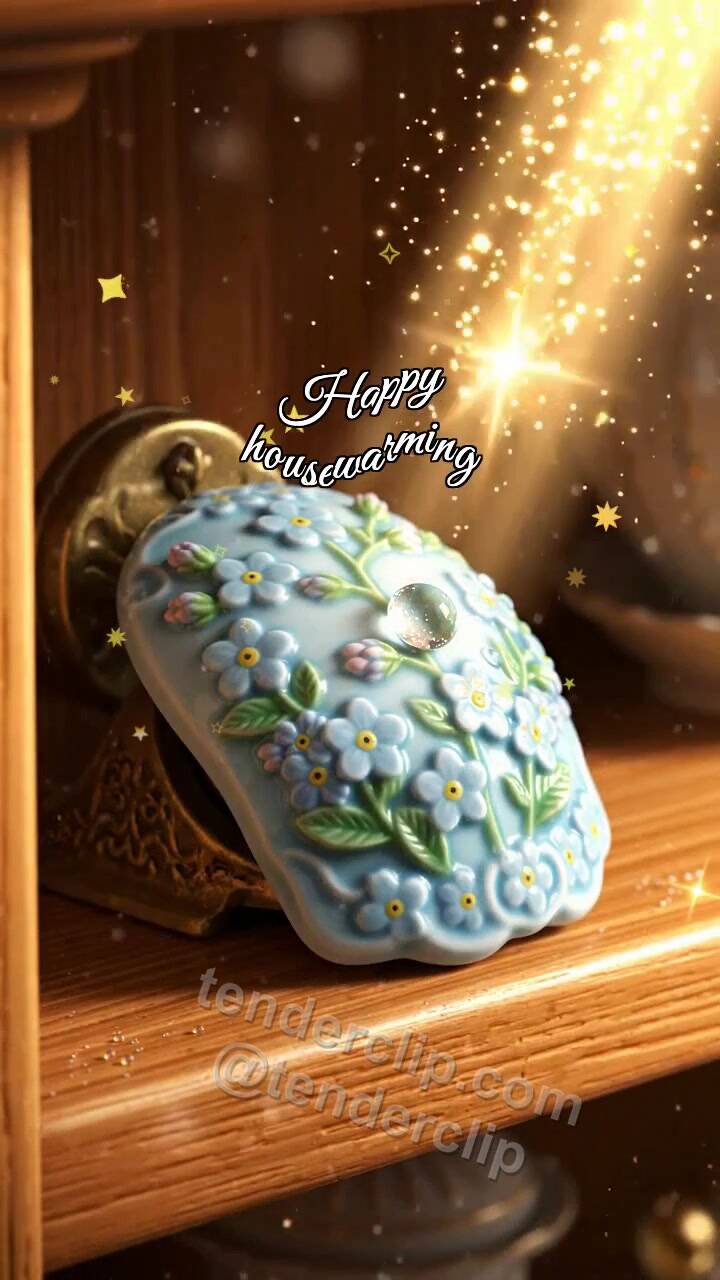 Animated greeting card about Happy housewarming: Faience Doorbell Welcomes Ray