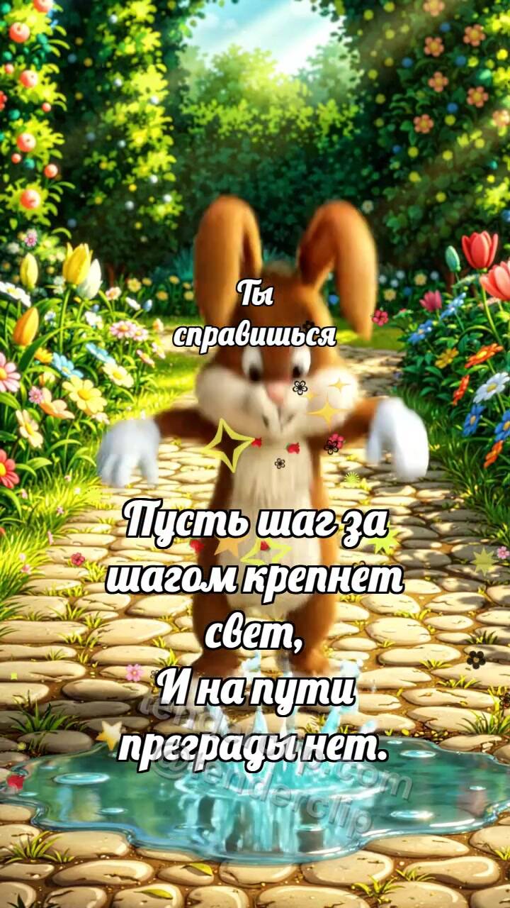 Анимационная открытка на тему Ты справишься: Зайчик прыгает лужу