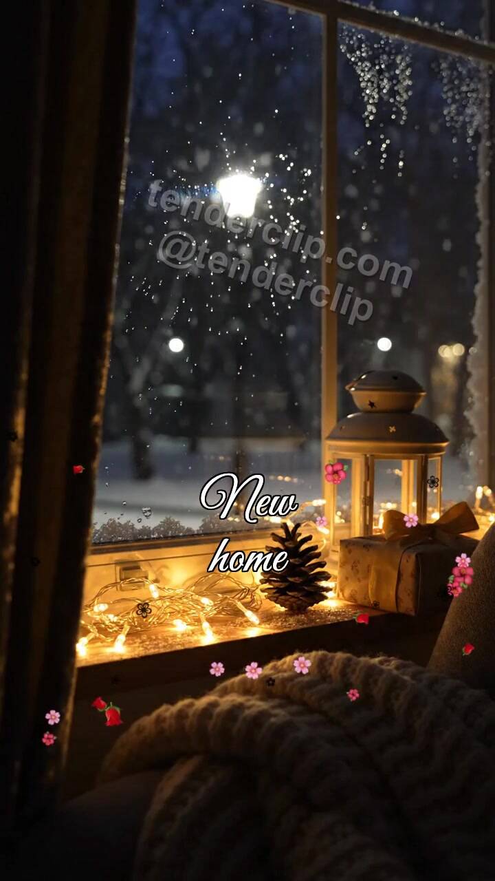 Animated greeting card about New home: small light waits at a window