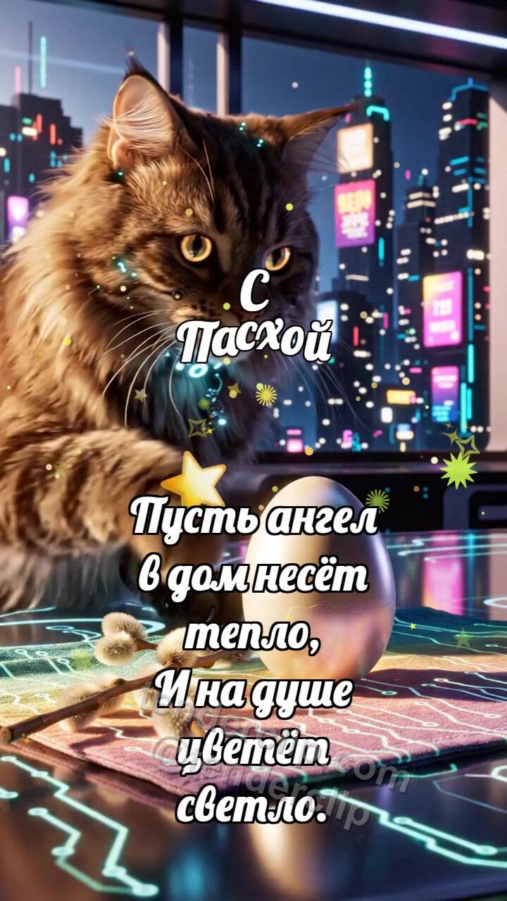 Анимационная открытка на тему С Пасхой: Верба держит скорлупу