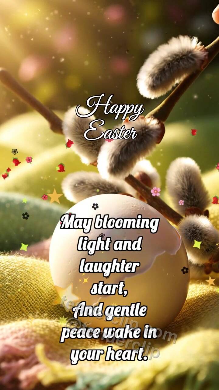 Animated greeting card about Happy Easter: Palm Willow Holds Shell