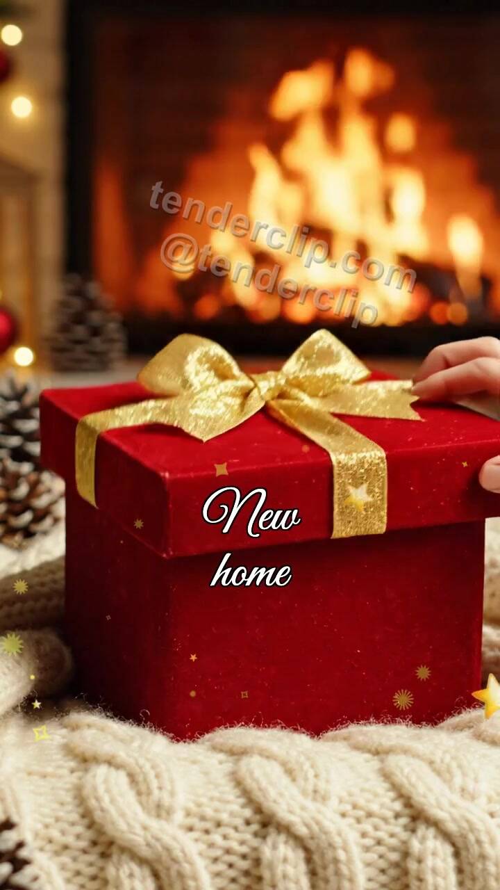 Animated greeting card about New home: gift box shyly opens