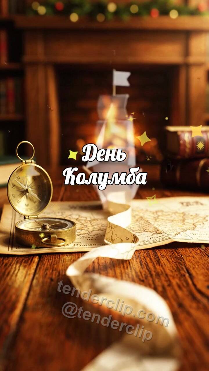 Анимационная открытка на тему День Колумба: бумажная дорожка ведёт к символу