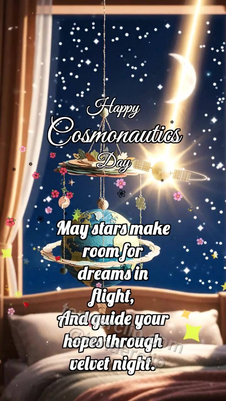 Animated greeting card about Happy Cosmonautics Day: Planet Rocks Satellite
