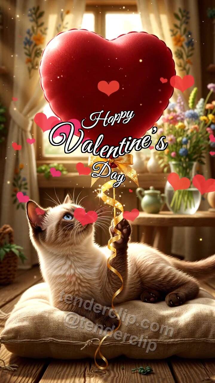 Animated greeting card about Happy Valentine’s Day: Kitten With Heart Balloon