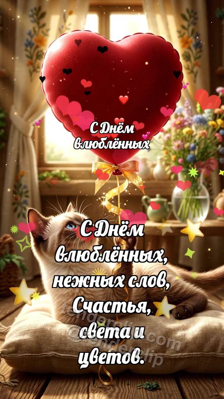 Анимационная открытка на тему С Днём влюблённых: Котёнок с сердечным шариком