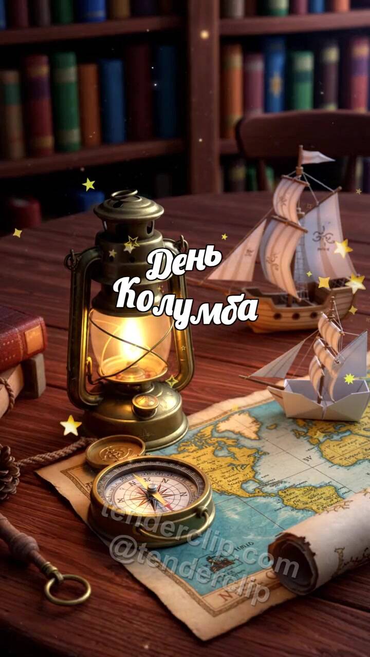 Анимационная открытка на тему День Колумба: маленький фонарь освещает сцену