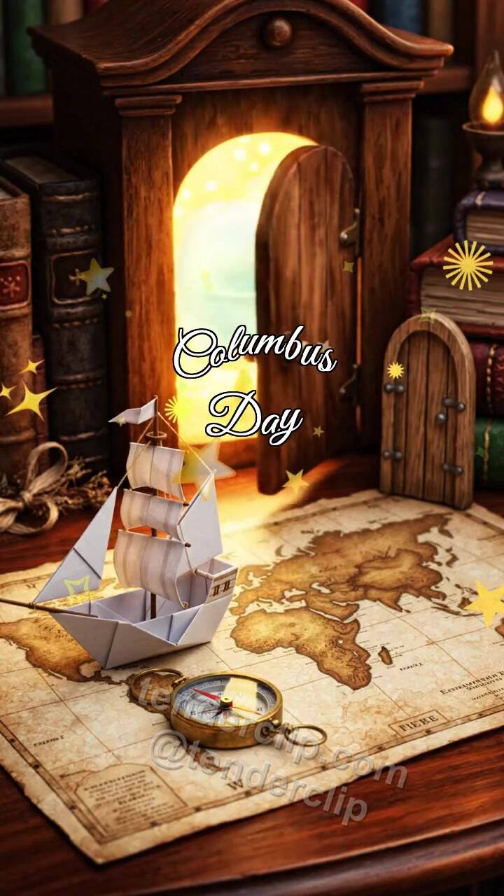 Animated greeting card about Columbus Day: little door opens