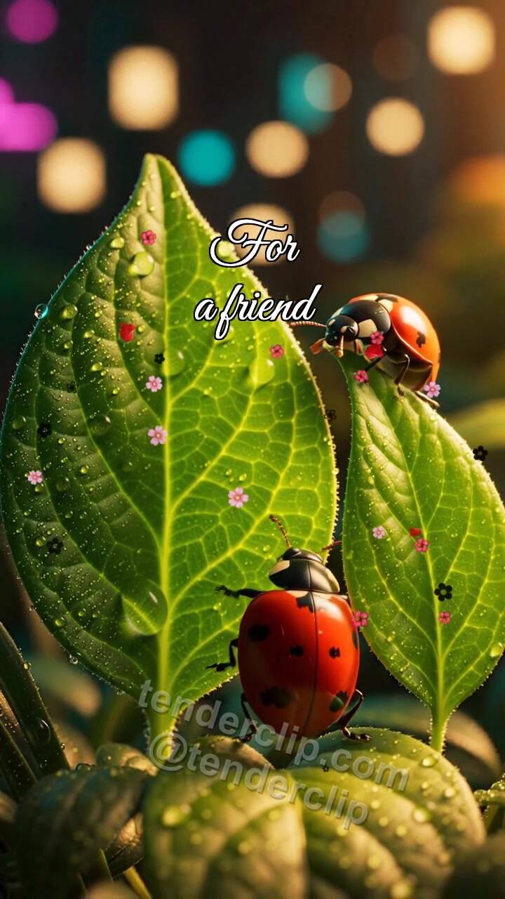 Animated greeting card about For a friend: Ladybug Shares Leaf
