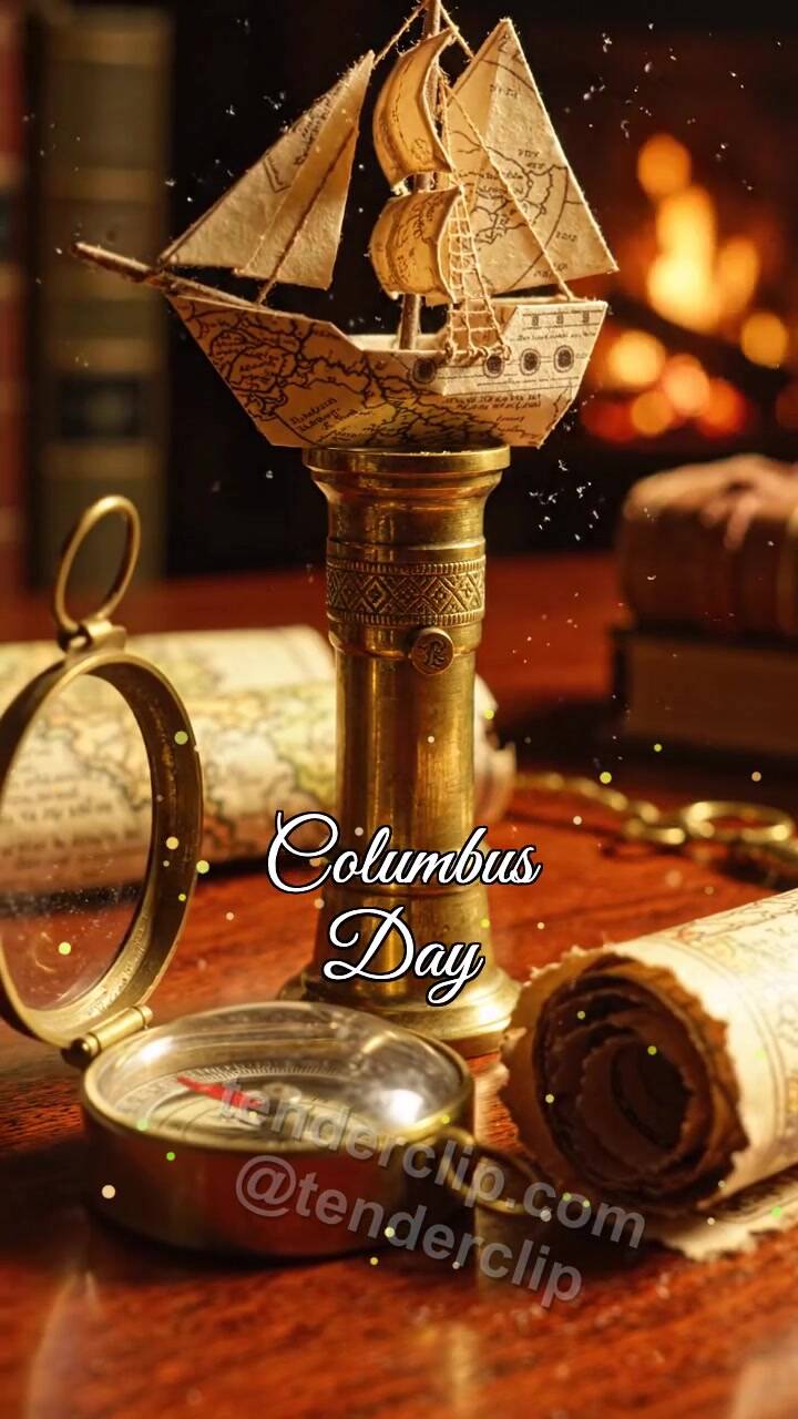 Animated greeting card about Columbus Day: objects gather around the symbol