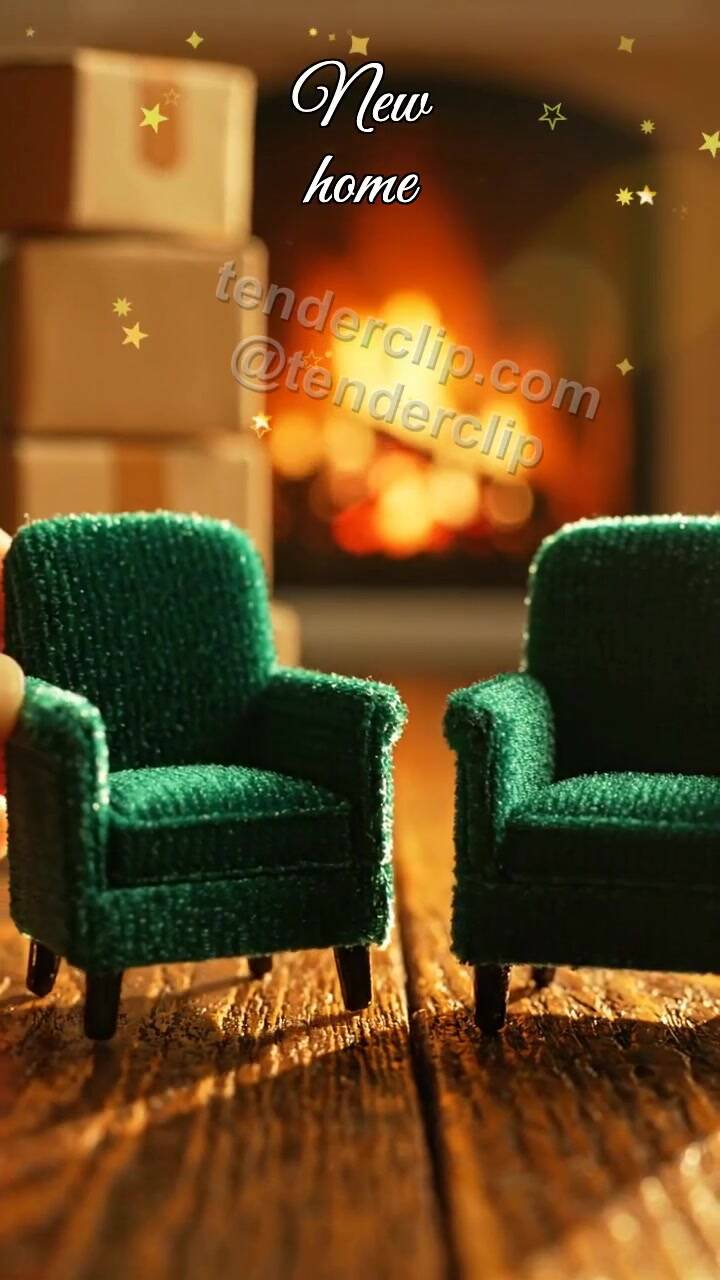 Animated greeting card about New home: tiny chair pulls closer