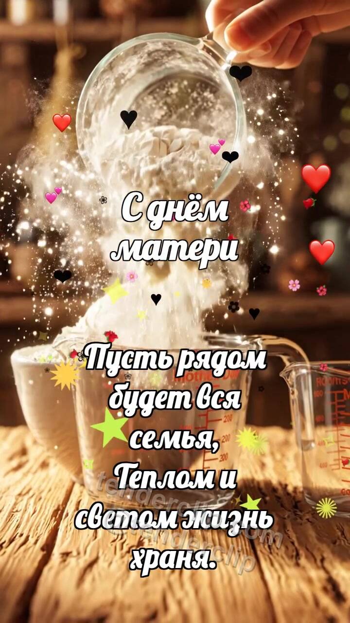 Анимационная открытка на тему С днём матери: Мерная чашка бережёт муку