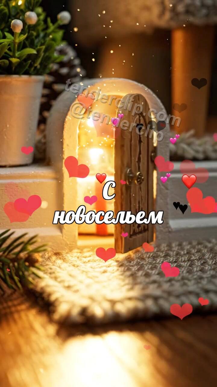 Анимационная открытка на тему С новосельем: маленькая дверь выпускает свет