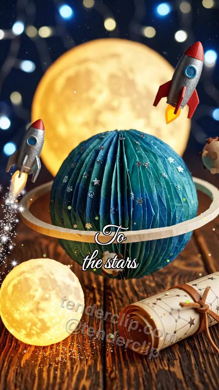 Animated greeting card about To the stars: objects gather around the symbol