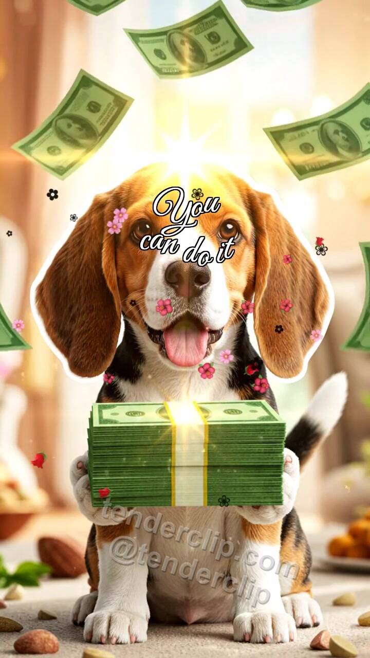 Animated greeting card about You can do it: Puppy Holds Cash