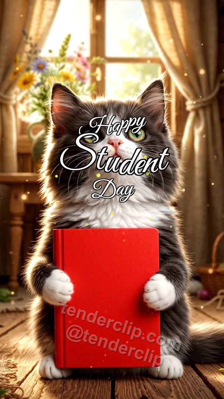 Animated greeting card about Happy Student Day: Kitten With Lucky Record Book